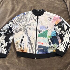 adidas Multicolor graffiti Graphic Bomber Jacket with Black Trim
